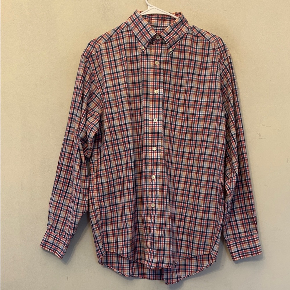 Brooks Brothers Men's Blue and Pink Plaid Button-Down Shirt Size M EUC